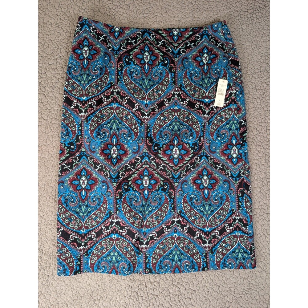 Talbots Skirt Womens 4 Blue Paisley Cotton Blend Back Zip Office Preppy  NWT